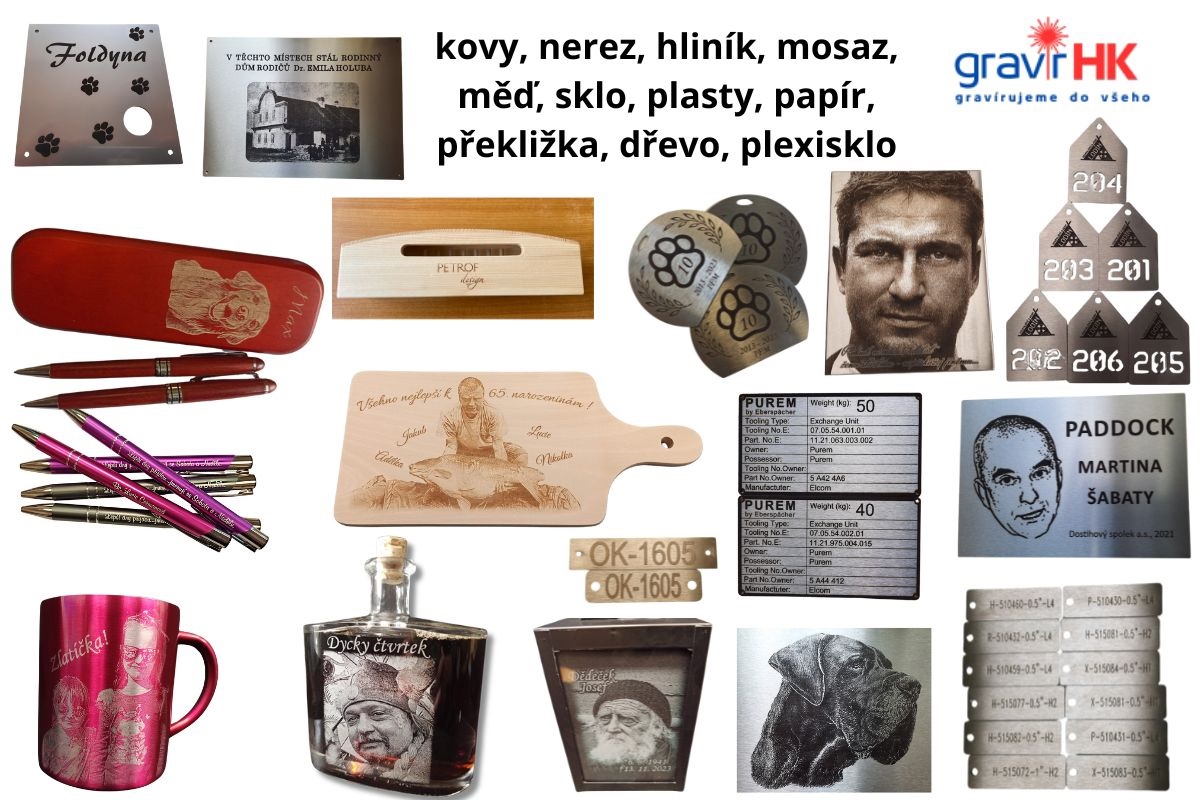 Laserové gravírování do kovu, gravírování do dřeva, gravírování do hliníku, gravírování do skla.